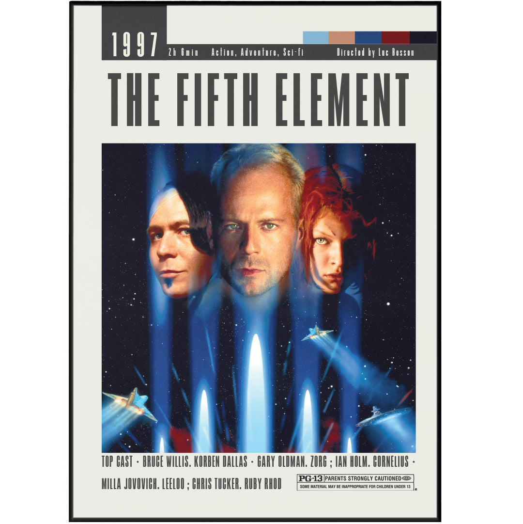 Experience the futuristic world of Luc Besson's captivating film, The Fifth Element, with this high-quality poster. Featuring stunning visuals and a thought-provoking storyline, this poster is a must-have for any fan of the acclaimed director's work. Bring home a piece of movie magic with The Fifth Element Poster.