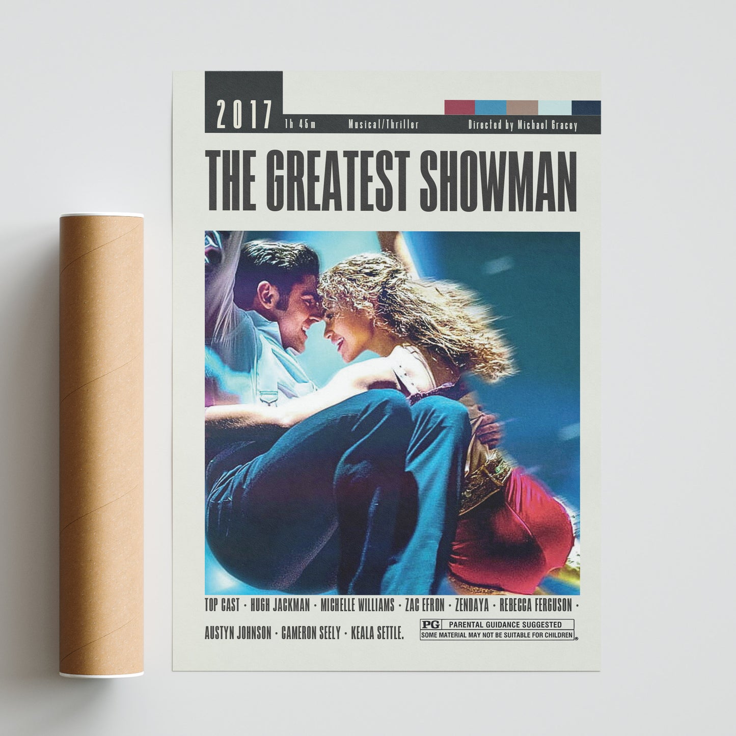 This minimalist movie poster for "The Greatest Showman", directed by Michael Gracey, showcases retro-style artwork that would make a stylish addition to any home decor. Printed on high-quality paper, this custom poster is perfect for fans of the film looking to add a touch of vintage charm to their walls