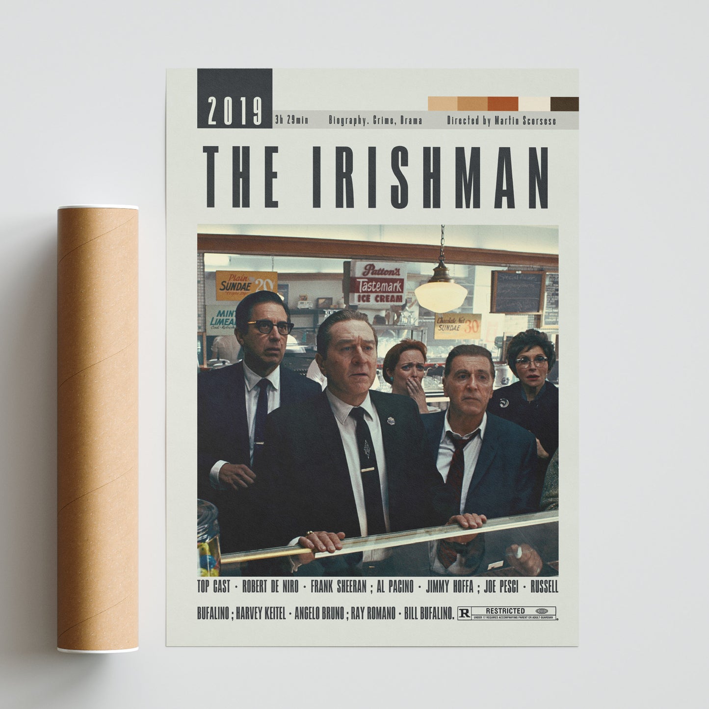 Enhance your movie collection with original movie posters from The Irishman, a masterpiece directed by Martin Scorsese. These posters are available in large sizes, perfect as wall art prints or custom decor pieces. With a vintage and minimalist design, these posters will add a touch of retro charm to your home.