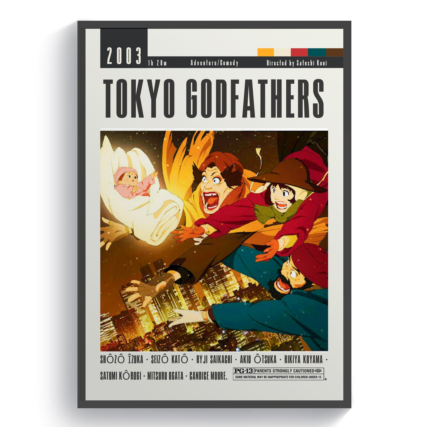Discover the beloved classic, Tokyo Godfathers Movie. Featuring stunning and detailed Anime Film Posters, immerse yourself in this heartwarming and timeless film. With intricate illustrations and captivating visuals, experience the magic of Tokyo Godfathers. A must-see for any anime fan.