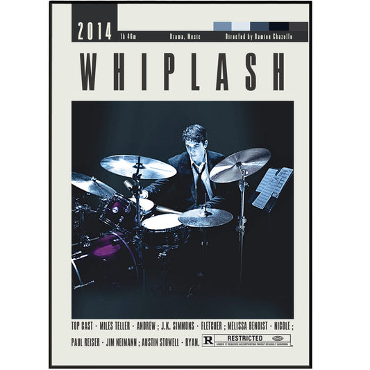 Add a touch of retro flair to your walls with our Whiplash Poster. Featuring midcentury style and minimal movie art, this poster is the perfect addition to any movie or TV show lover's collection. Grab yours now and give your walls a stylish upgrade!
