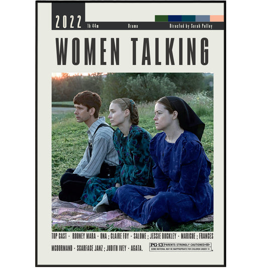 Get ready to add some quirky nostalgia to your home with our Women Talking Poster, featuring a retro 70s-style design. Celebrate your love for Sarah Polley movies while adding a touch of mid-century modern to your decor. Don't miss out on this minimal yet eye-catching piece of Hollywood history.
