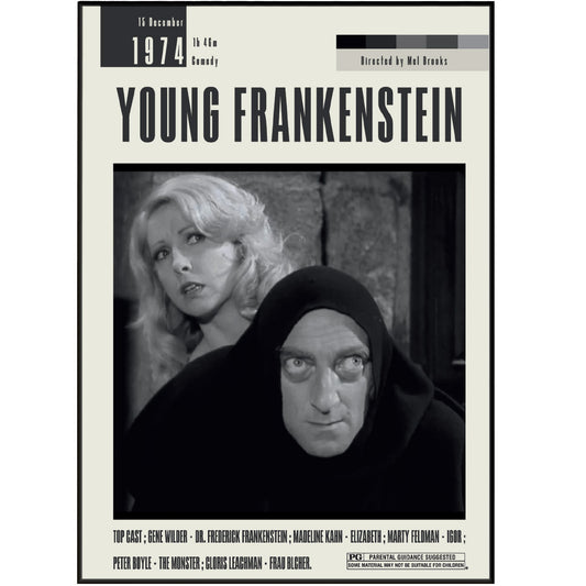 Hang this Young Frankenstein poster in your midcentury modern home for a touch of retro movie art. A must-have for fans of Mel Brooks who enjoy quirky humor and classic Hollywood movies. The perfect addition to your midcentury movie wall decor.