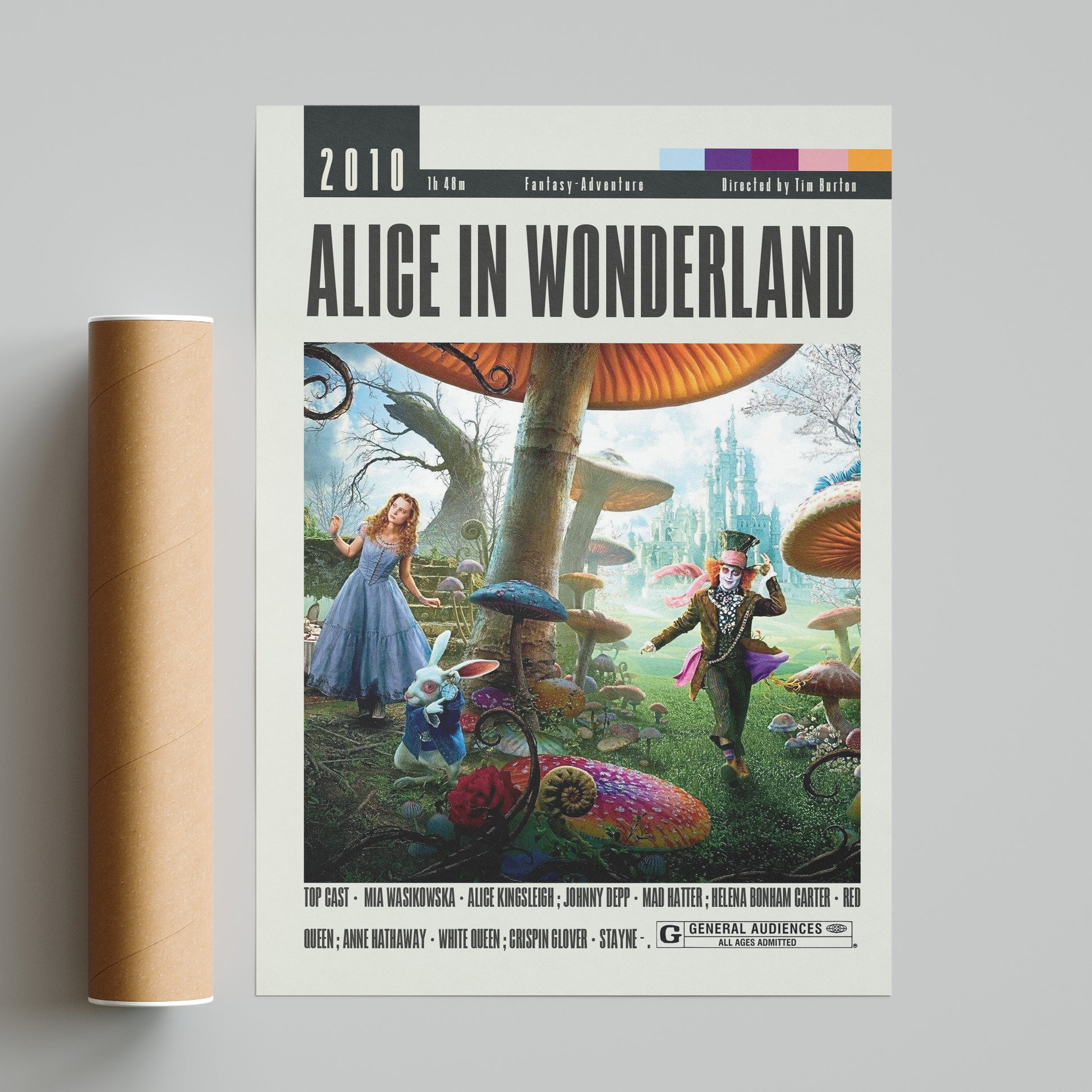 Discover the magic of Tim Burton's classic film with our custom Alice in Wonderland poster. Featuring minimalist vintage art, this high-quality print will transport you to Wonderland. Available in various sizes, this wall art decor is a perfect addition to any movie buff's collection. Get your hands on one of the best movie prints of all time.