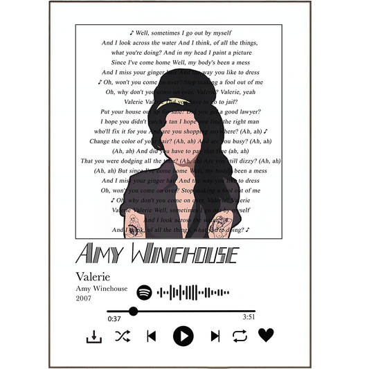 Sing along to Amy Winehouse's classic hit "Valerie" with these quirky lyric prints! Whether you're an audiophile, music fan, or just looking to add some lyrical flair to your walls; these song lyric posters are perfect for spicing up any space. Get creative with Spotify Music and get your favorite song lyric prints today!