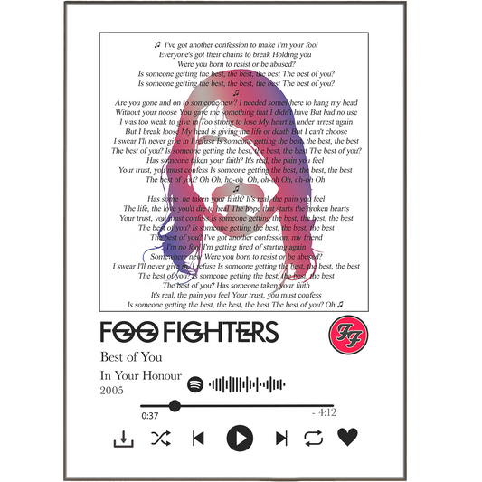 Show everyone you're the biggest Foo Fighters fan with these song lyric prints! Made with high-quality materials, the perfect wall art for any home or office. Let the music of your favorite band shine through with these stylish and unique personalized prints. Rock out and express yourself - you can't go wrong!