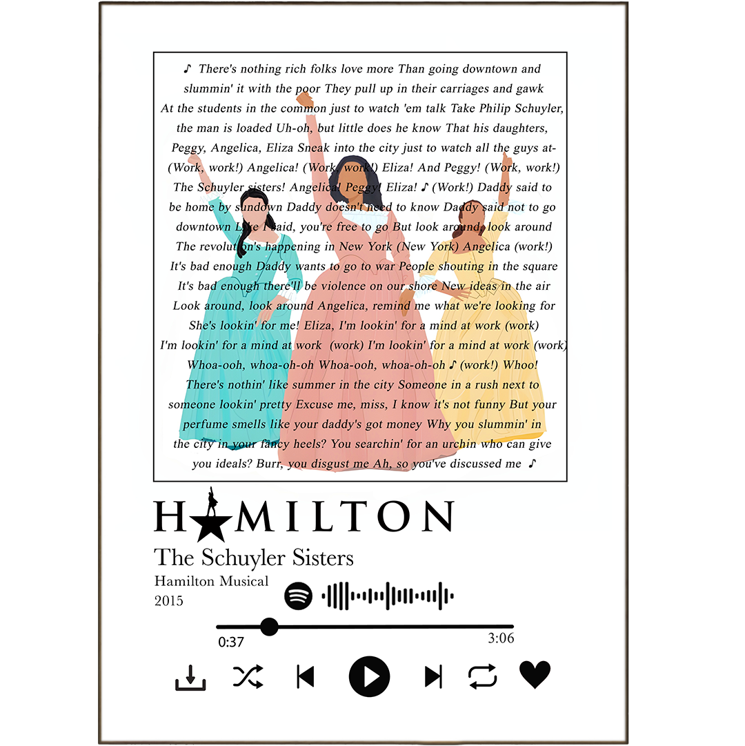 Light up your walls with a personalized piece of art! Our Hamilton - The Schuyler Sisters Prints are perfect for music-lovers, with their hand-crafted song lyrics that you can customize with any song of your choosing. From Spotify music to free song lyrics to print, you can create a unique piece of art to express your style!