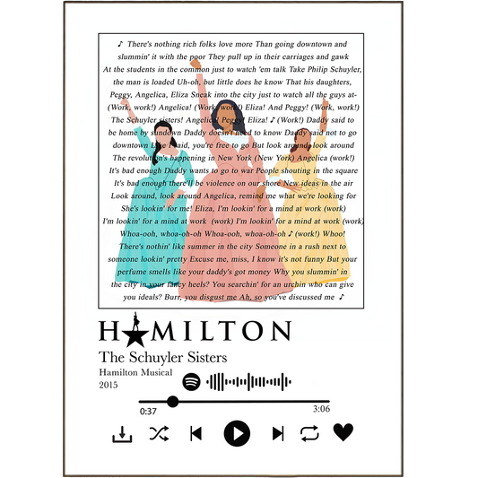 Light up your walls with a personalized piece of art! Our Hamilton - The Schuyler Sisters Prints are perfect for music-lovers, with their hand-crafted song lyrics that you can customize with any song of your choosing. From Spotify music to free song lyrics to print, you can create a unique piece of art to express your style!