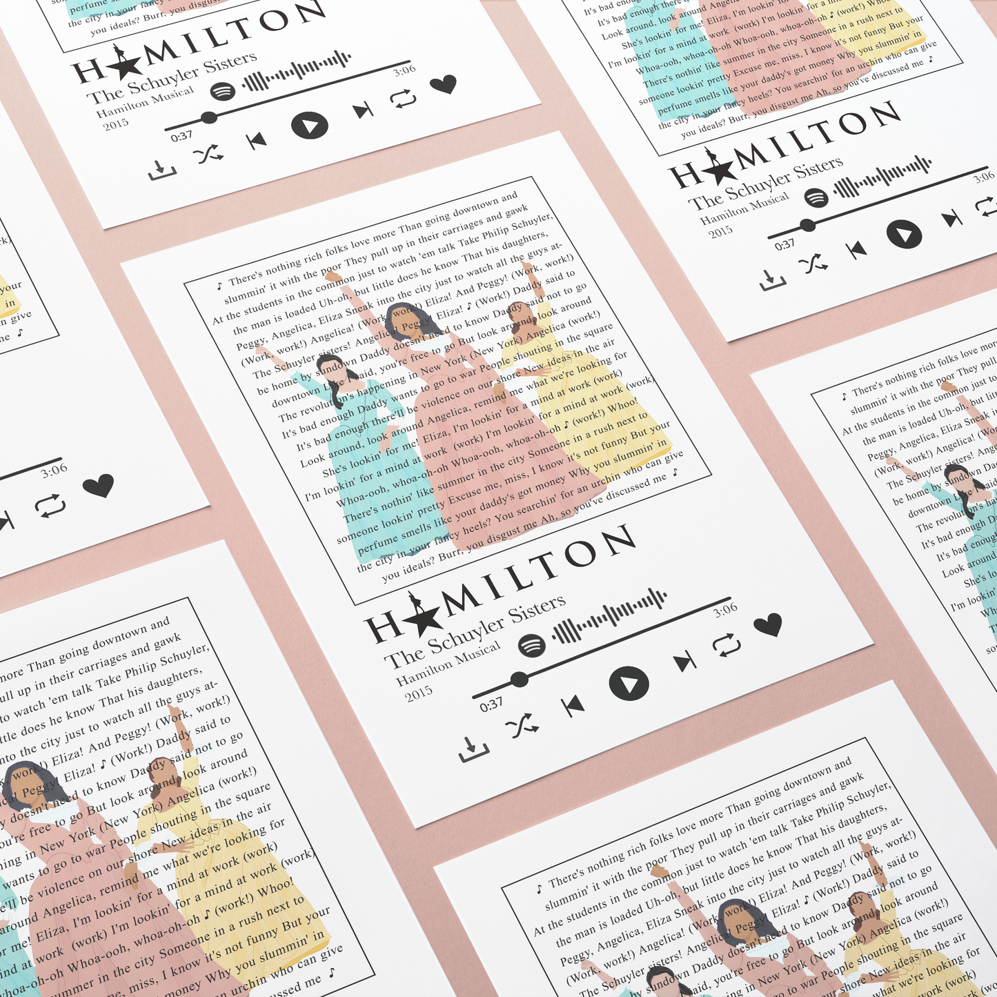 Let your walls do the singing with the Hamilton - The Schuyler Sisters Prints! Customise your own lyrical statement with any song lyric of your choice, brought to life in stunning wall art. It'll be music to your ears, guaranteed! (Pun absolutely intended).