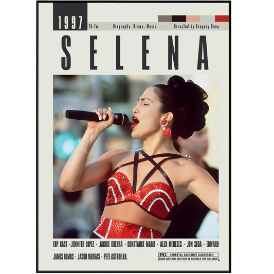 Elevate your home decor with our Selena Poster! Featuring original movie art, this vintage-style poster is available in various sizes and will add a touch of nostalgia to any room. Perfect for fans of midcentury and minimalist styles, this poster is a must-have for any movie lover.