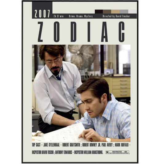 "Unleash your inner film buff with our Zodiac Poster featuring the iconic movies of David Fincher. With original and affordable movie posters from the UK, this vintage-inspired wall art adds a touch of cool to any room. Framed and ready to hang, it's a must-have for movie lovers. Lights, camera, decor!"