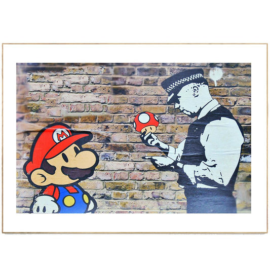 From the world-renowned graffiti artist, Banksy, comes this witty Mario Police Poster. The iconic video game character is shown as a police officer, complete with handcuffs and a baton. This street art poster is a great way to add some personality to your space. Whether you're a video game enthusiast or a street art lover, this Banksy poster is a great addition to your collection.