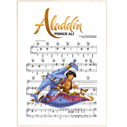Aladdin - Prince Ali Print | Sheet Music Wall Art | Song Music Sheet Notes Print Everyone has a favorite song and now you can show the score as printed staff. The personal favorite song sheet print shows the song chosen as the score. 