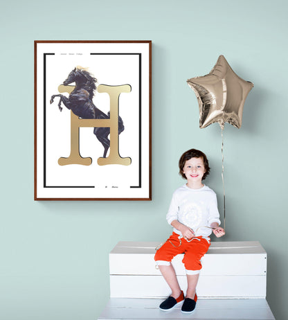 Horse Animal Alphabet Poster | Letter H Print | Fun Characters | Magic Wall Decor Nursery | Custom Original Name | Educational Poster | Variety Sizes - 98types