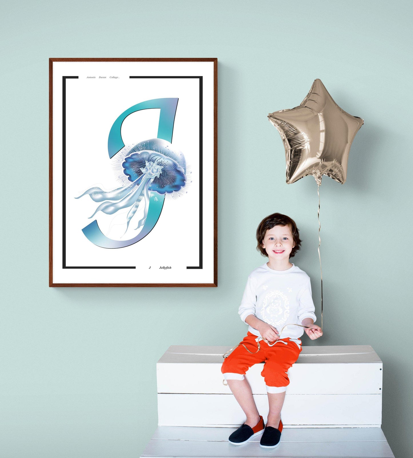 Jellyfish Animal Alphabet Poster | Letter J Print | Fun Characters | Magic Wall Decor Nursery | Custom Original Name | Educational Poster | Variety Sizes - 98types