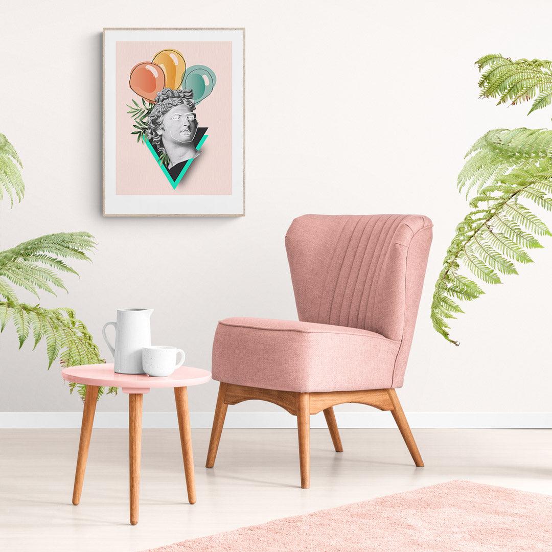 Graphic illustration of The Great Parties with balloons from our past. Elegant Pastel Color in Background. This bold and colourful design is a perfect fit for the home of a maximalist. The poster is printed with a white border that nicely frames the design. Frame not included