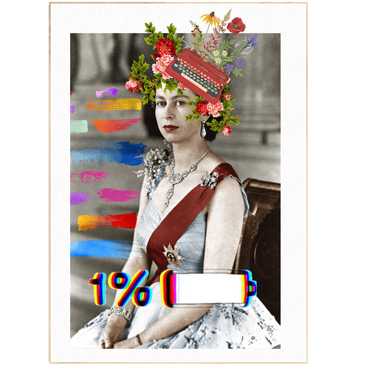 Graphic illustration of Queen Elizabeth of England, flowers in her hair, striking paintings and 1% battery. Graphic print of Queen Elizabeth of England with gorgeous flowers and an antique typewriter as a headdress. a life full of splendid colors. This bold and colourful design is a perfect fit for the home of a maximalist.