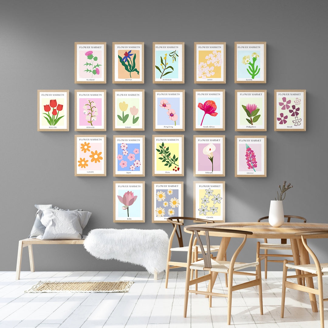 Brighten up any space with our Rusia Flowers Market Print. Featuring 98 varieties of trendy and beautiful pastel colour prints, from abstract flowers to shapes in color and matisse art, this wall art will inspire your gallery wall. Decorate with floral drawings and Danish pastel room decor for a unique touch to your home. Buy your poster online now!