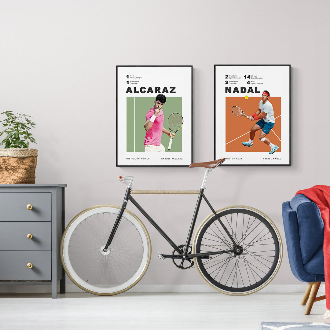Get ready to spruce up your space with Carlos Alcaraz Tennis Posters! Our range of Grand Slam Posters and Tennis Court Art Prints bring classic elegance to your walls - choose from 5 sizes or print at home for convenience. Each poster features a retro-effect motif of a tennis court and a bouncing ball, complete with centered capital letters. Perfect for any tennis fan!