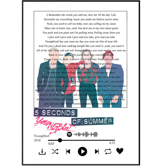 Bring 5 Seconds of Summer to your walls! These Youngblood lyric prints feature members of the band, 5sos tour dates, and of course, all your favorite lyrics. Sing it loud - it's time to get tickets 5sos and rock the house!