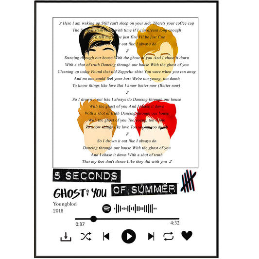 Grab your 5 Seconds of Summer tour tickets! These exclusive Ghost Of You lyrics prints will make sure you know all the words before the show! Stylish and fashionable, you and your crew will rock the night away and get everyone singing along!