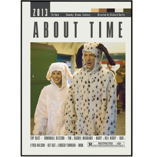 Enhance your movie collection with our About Time Poster featuring 98 different minimalist movie posters from Richard Curtis movies. Enjoy wall art prints of your favorite films in sizes ranging from A6 to A3. Showcasing the top cast, duration, director, and iconic scenes, this vintage retro art print is a must-have for any movie enthusiast.