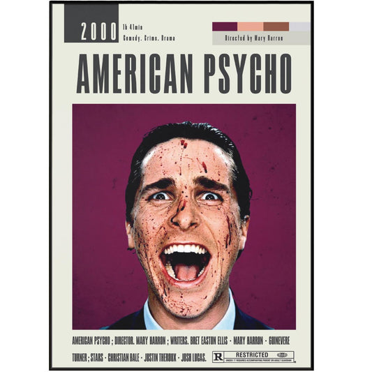Experience the best of American Psycho with Mary Harron Movies. This custom movie poster features a vintage, minimalist design that adds a touch of retro charm to your wall decor. Available in sizes from A6 to A3, this top-quality print showcases the film's top cast and most iconic scene. Treat yourself and elevate your movie collection with this timeless piece.
