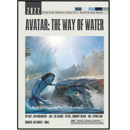 "Decorate your wall with this custom Avatar movie poster, featuring a minimalist and vintage retro design. With a top cast and famous scenes, this print will transport you to the world of James Cameron's masterpiece. Available in various sizes from A6 to A3, it's the perfect addition to any movie lover's collection."