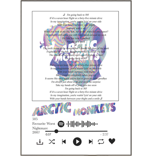 This set of 505 Lyrics Prints from Arctic Monkeys is perfect for any music lover. Each print features an iconic song lyric from an Arctic Monkeys track, presented in beautiful typographical design on an official poster. With posters for different artists and tour posters also available, it's easy to find the perfect way to commemorate your favorite songs.