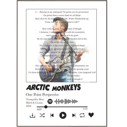 Illuminate your living space with this high-quality Arctic Monkeys - One Point Perspective Lyrics Poster. This poster is printed on 12 inch by 18 inch cardstock with an official Arctic Monkeys design. It makes a perfect gift for any Arctic Monkeys fan, or anyone who appreciates a variety of artist posters. Bring your walls to life and add a touch of music to your décor with this stunning poster.