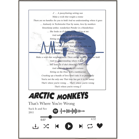 Show off your love for the Arctic Monkeys with this timeless That’s Where You're Wrong Lyrics Print. It comes in a variety of sizes and colors, so you can customize it to fit your needs and personal style. Featuring arctic monkeys art, song lyric prints, Spotify Music Any Song Lyric, and more, it is the perfect addition to any music lover's home.