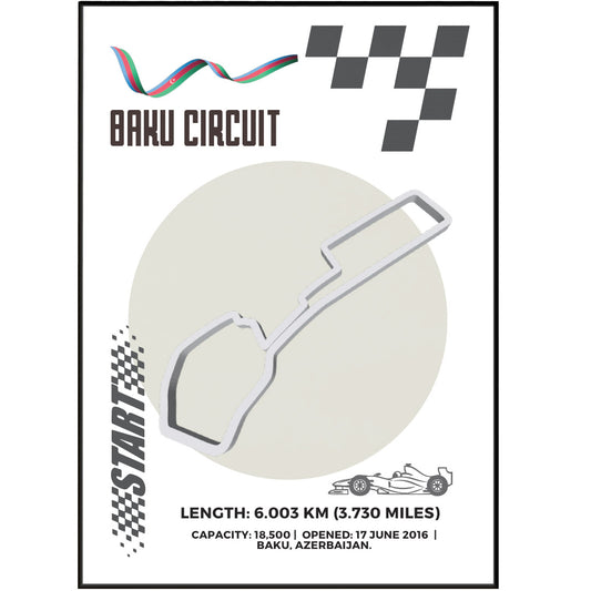 Indulge your love for Formula One with our Baku Circuit F1 Posters. Hang the map of F1 tracks on your wall, along with our "Formula One Poster," for the ultimate racing fan experience. Printed on UK-made, age-resistant paper, each poster includes a detailed history, year of construction, and notable moments of the circuit. Satisfaction guaranteed for every F1 enthusiast.