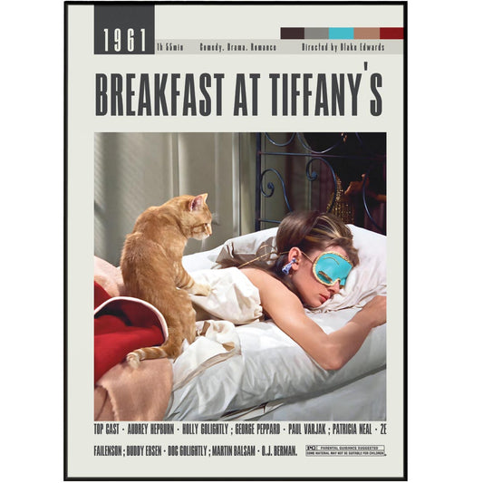 Discover the timeless charm of Breakfast at Tiffany's, a must-watch classic by Blake Edwards. With 98 types of movie posters to choose from, add a touch of nostalgic elegance to your wall with a custom minimalist print. Available in sizes from A6 to A3, each print features the top cast, director, and famous scenes.