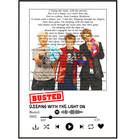 This Busted - Sleeping with the Light On lyrics print is perfect for any fan. Printed on premium archival paper and framed with a contemporary black frame, this artwork is an affordable way to bring high-quality art into your home.