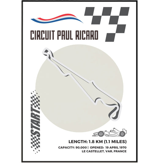 Create a dream wall for formula one enthusiasts with Circuit Paul Ricard F1 Posters. Featuring a detailed map of F1 racing tracks, each poster on matte premium paper showcases the circuit's history, construction year, country, and memorable moments. Add a "Formula One Poster" to complete the look. Made in the UK, these posters are age-resistant.