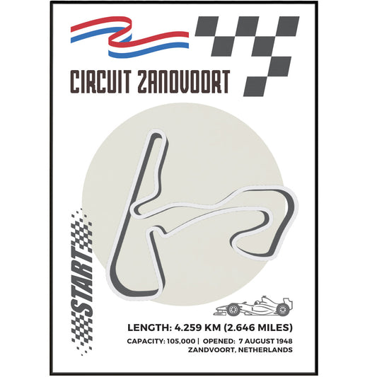 Get ready for the ultimate addition to your collection with Zandvoort Circuit F1 Posters. Printed on durable, age-resistant paper, each poster features a detailed map and guide of the famous Formula One racing tracks. Perfect for any true racing fan, these posters showcase the history, construction, country, and iconic moments of each circuit. Complete your display with our "Formula One Poster" for the ultimate racing experience.