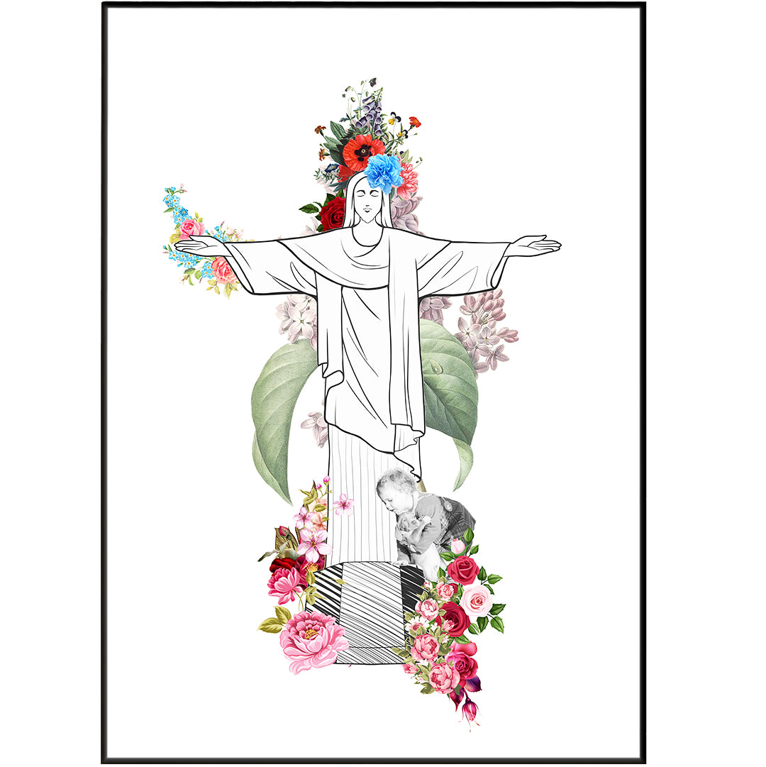 This Christ the Redeemer Brazil Flowers Poster captures the stunning human anatomy of the iconic statue, featuring the iconic monuments of Brazil. Enjoy a unique art piece, crafted using the most anatomically accurate figure drawing techniques. Perfect for wall art decor.