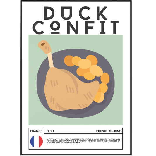 Bring a touch of culinary inspiration to your kitchen with our DUCK CONFIT Wall Art Poster. Featuring a colorful and retro design, this poster is perfect for food lovers and adds a modern twist to any kitchen decor. Discover famous meals and a world cuisine guide with this unique piece of art.