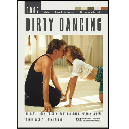 Introducing Dirty Dancing Poster, a custom minimalist movie poster featuring the top cast of the iconic film. With vintage retro art print and a variety of sizes available, this wall art decor poster is a must-have for any fan or collector. Relive the best movies of all time with this print, showcasing the most famous scenes.
