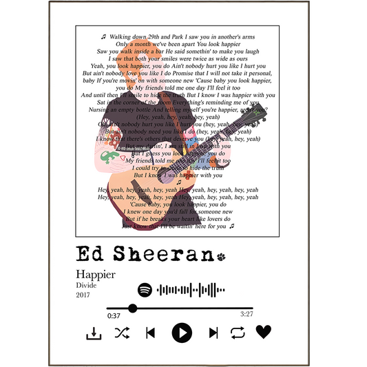 Add some music to your walls with these unique Ed Sheeran "Happier" prints! Our high-quality lyric prints come personalized with your choice of song from Spotify, so you can rock out to your favorite tunes - no matter the mood! Show off your music-loving side with these one-of-a-kind song lyric prints.