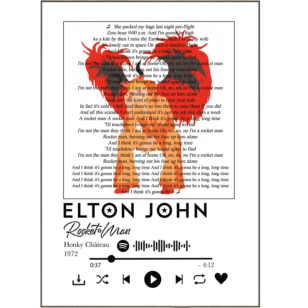 Make your walls the ultimate Elton John shrine with one of these "Rocket Man" prints! Perfect for the music lover, each print features the iconic song lyrics from the track - plus they come personalized with any Spotify song of your choice! Sing along and add some personality to your walls with these lyrical prints!