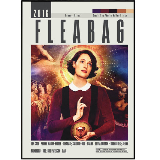 This Fleabag poster features custom, vintage retro art prints of the hit movie, showcasing its top cast, director, and most famous scene. Choose from a range of sizes and elevate your wall art decor with this minimalist movie poster. Expertly designed and a must-have for any movie lover.