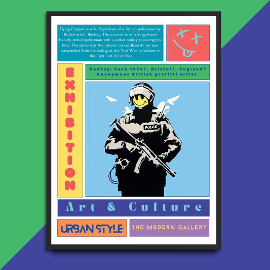 Experience the iconic street art of Banksy with our Flying Copper Street Art Poster. Featuring his famous pieces from London and Bristol, this poster captures the unique style and social commentary of the elusive artist. Add some urban flair to your home decor and appreciate the genius of Banksy's work.