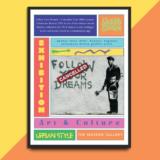 Showcase your urban style with "Follow Your Dreams" street art poster by Banksy. Featuring Banksy's iconic graffiti artwork, this poster adds a touch of edgy and thought-provoking design to any space. Don't miss the chance to own a piece of Banksy's legendary art at a fraction of the cost.