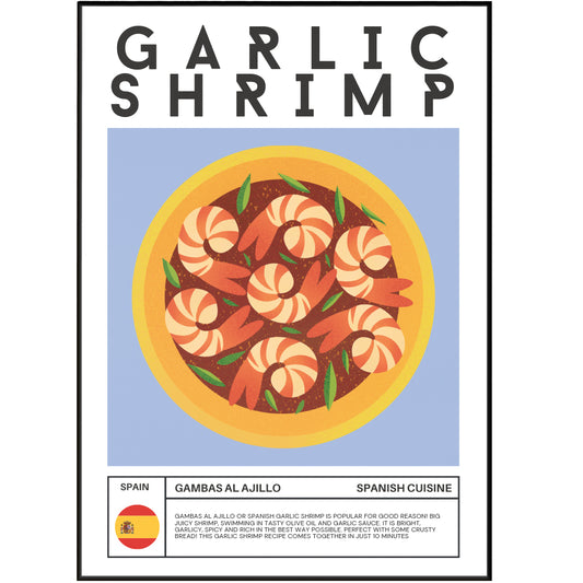 Bring a touch of culinary inspiration to your kitchen with our GARLIC SHRIMP Wall Art Poster. Featuring a colorful and retro design, this poster is perfect for food lovers and adds a modern twist to any kitchen decor. Discover famous meals and a world cuisine guide with this unique piece of art.