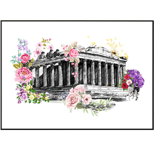 This Parthenon Athens Flowers Poster features an anatomy for art, human anatomy in art, Monuments, and human art anatomy. From the British Museum Elgin Marbles to the Greek Parthenon, you will get a detailed look at amazing art and monuments. High-quality prints and a wall art décor make this poster an ideal addition to any home.