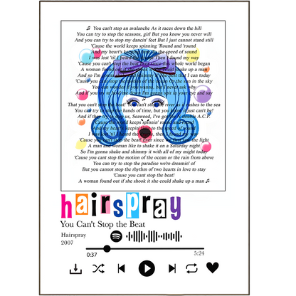 Show off your musical savvy with 'Hairspray - You Can't Stop the Beat Prints.' These lyric prints are the perfect way to craft the ultimate music fan’s haven. Choose from a variety of song lyric posters or personalise your own music lyric print. Even use Spotify to get the lyrics of any song you want. Get ready to rock the house with these stylish and unique prints!