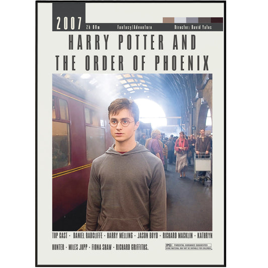 Relive the iconic 80s and 90s with our Harry Potter and the Order of Phoenix movie poster. This retro-style print features a minimalist design, perfect for any mid-century modern home. A must-have for any movie lover or collector, this classic Hollywood movie poster is sure to make a statement on your walls. Add a touch of nostalgia to your decor with this timeless piece.