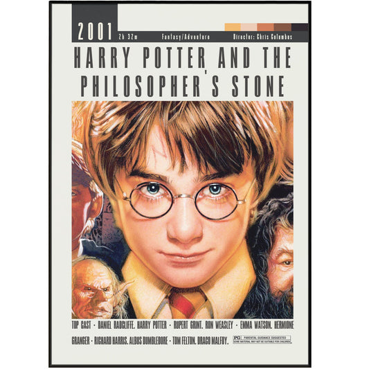 Create a touch of nostalgia with this Harry Potter and the Philosopher's Stone movie poster. The retro design captures the essence of the 80s and 90s, making it a must-have for any movie lover. Add a touch of Hollywood and midcentury charm to your home decor. The perfect addition for any minimalist or midcentury modern style.