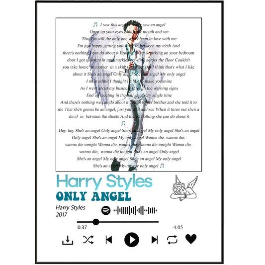 Celebrate Harry Styles with these high-quality archival prints featuring tour-specific details and the lyrics of the hit song, "Only Angel". Printed on museum-grade paper with fade-resistant inks, these prints provide an elegant way to show your love for Harry Styles. Perfect for any fan!
